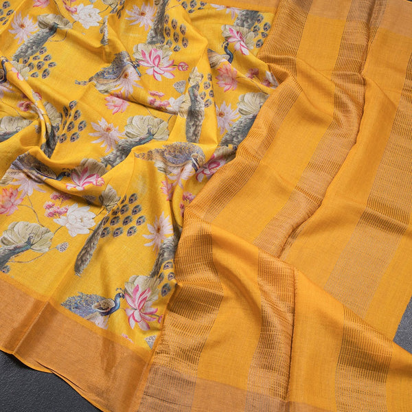 Pure Tussar Mango Yellow Printed Saree Peacock With Floral Design