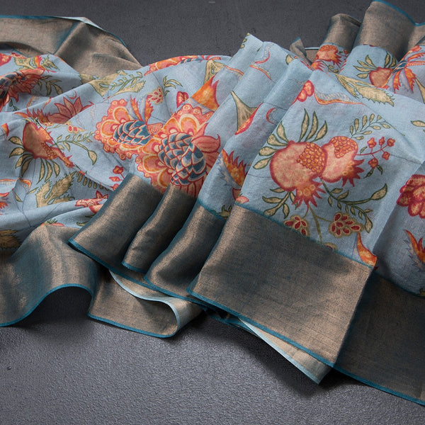 Pure Tussar Light Blue Printed Saree Fruit With Floral Design