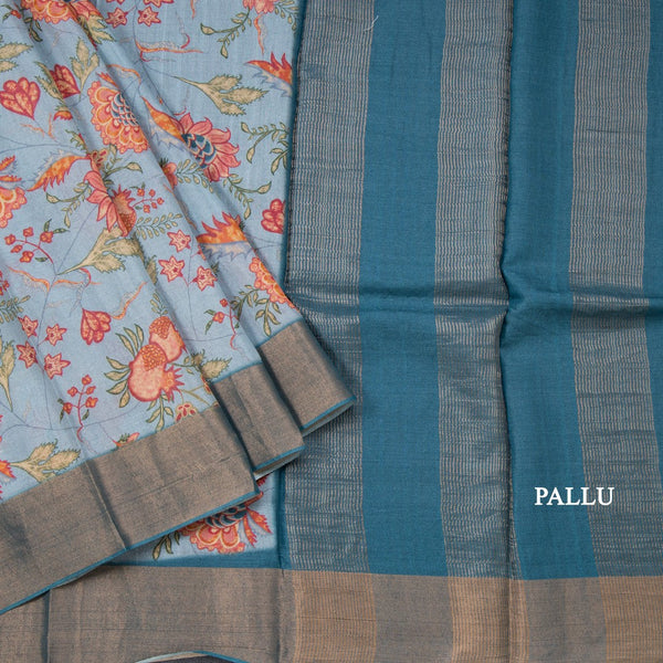 Pure Tussar Light Blue Printed Saree Fruit With Floral Design