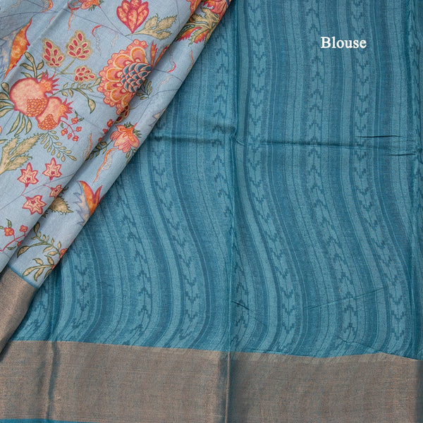 Pure Tussar Light Blue Printed Saree Fruit With Floral Design