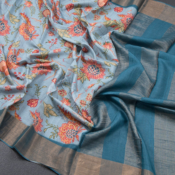 Pure Tussar Light Blue Printed Saree Fruit With Floral Design