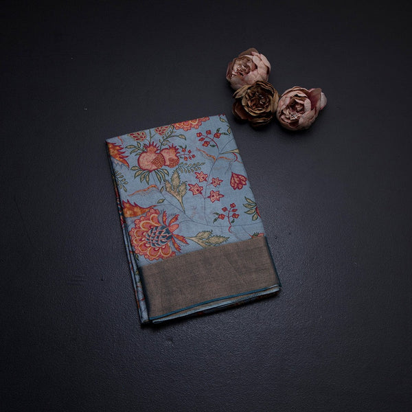 Pure Tussar Light Blue Printed Saree Fruit With Floral Design