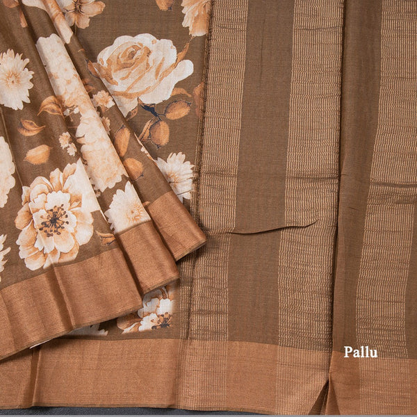 Pure Tussar Cinnamon Brown Floral Printed Saree 02