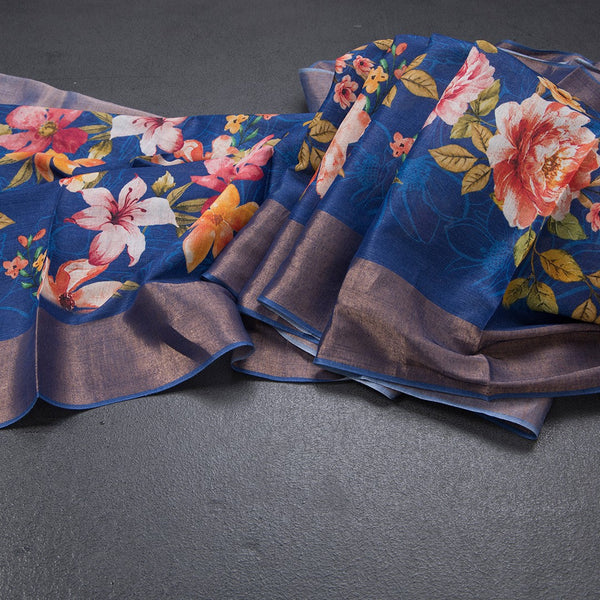 Pure Tussar Dark Blue Floral Printed Saree