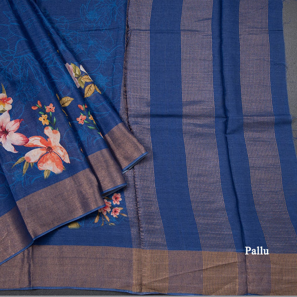 Pure Tussar Dark Blue Floral Printed Saree