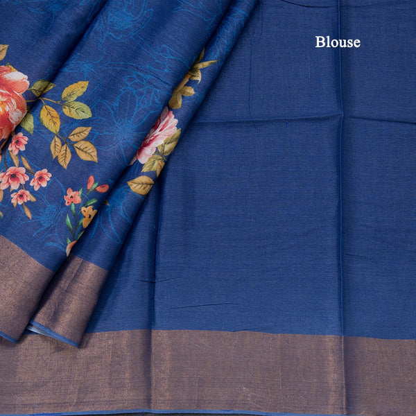 Pure Tussar Dark Blue Floral Printed Saree