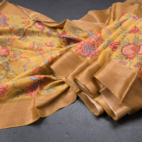 Pure Tussar Mustard Printed Saree Fruit With Floral Design