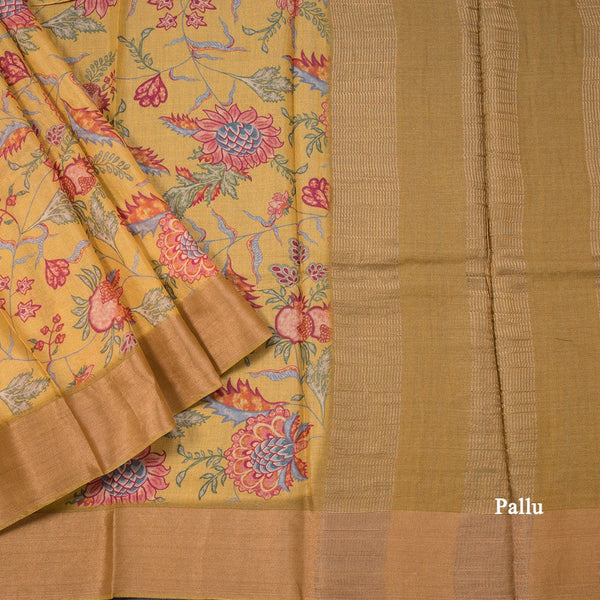 Pure Tussar Mustard Printed Saree Fruit With Floral Design