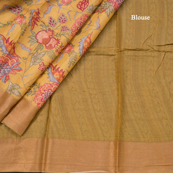 Pure Tussar Mustard Printed Saree Fruit With Floral Design