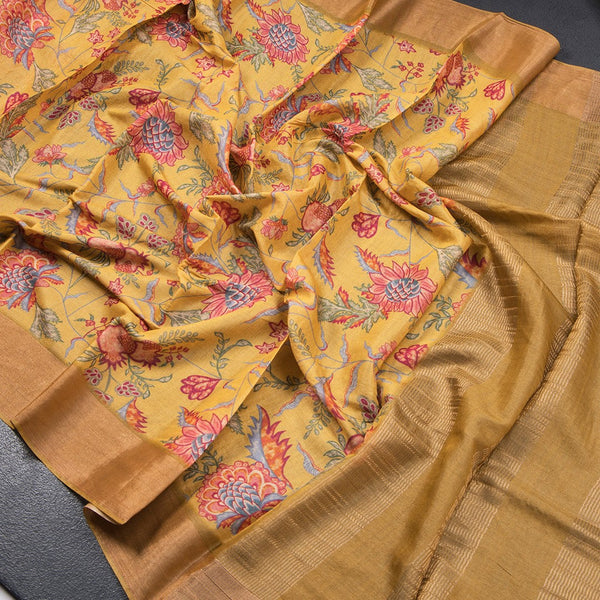 Pure Tussar Mustard Printed Saree Fruit With Floral Design