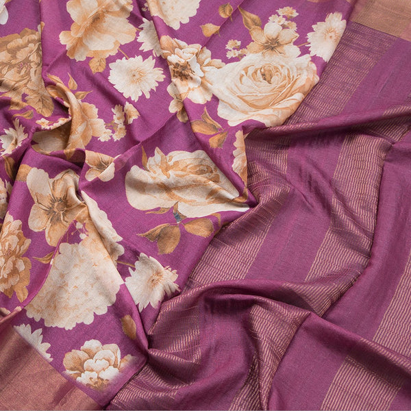 Pure Tussar Magenta Purple Floral Printed Saree