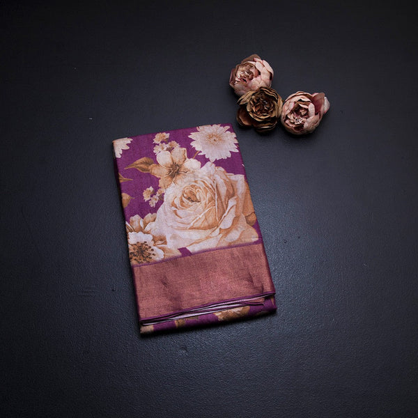 Pure Tussar Magenta Purple Floral Printed Saree