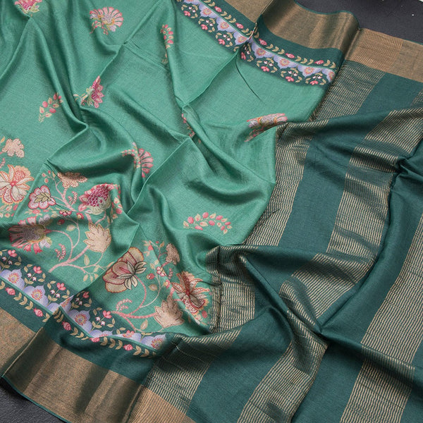 Pure Tussar Fern Green Floral Printed Saree