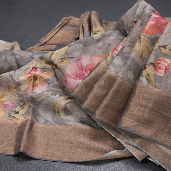Pure Tussar Grey Floral Printed Saree 02