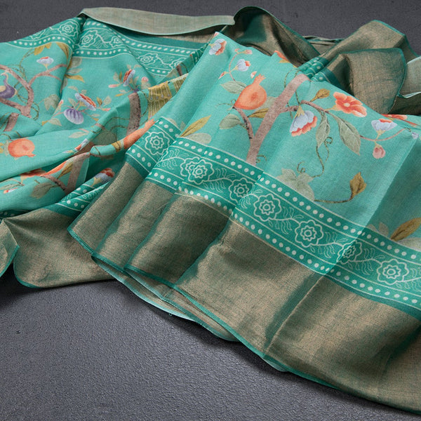 Pure Tussar Mint Green Floral Printed Saree