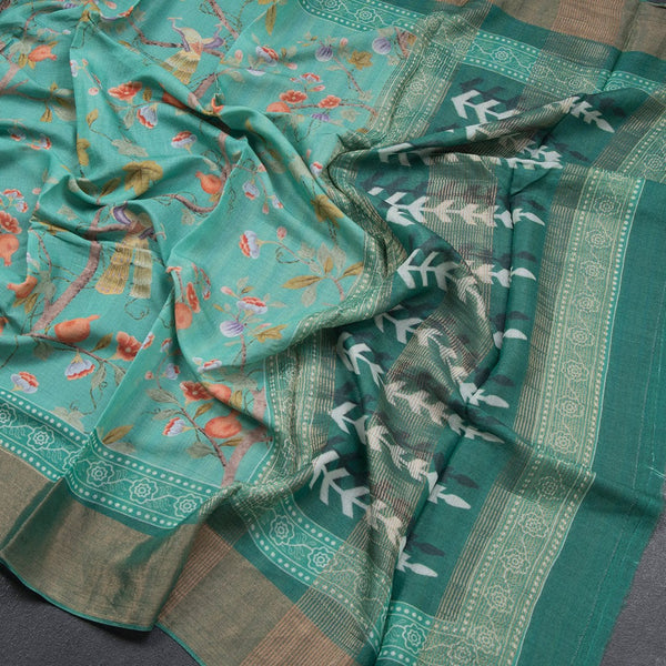 Pure Tussar Mint Green Floral Printed Saree