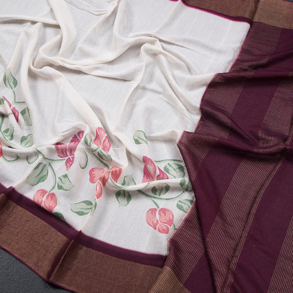 Pure Tussar Cream Floral Printed Saree 03