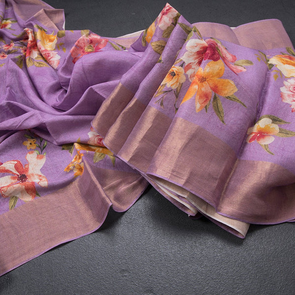 Pure Tussar Lavender Floral Printed Saree