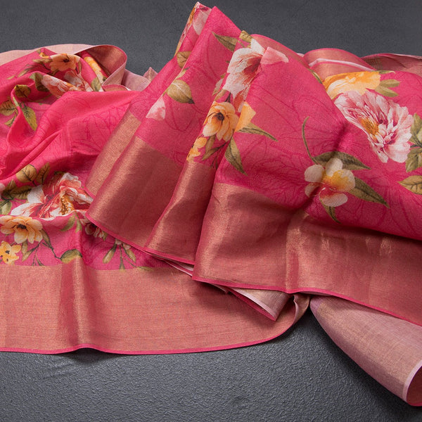 Pure Tussar Rose Pink Floral Printed Saree 02