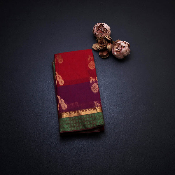 Silk Cotton Red Zari Worked Saree 02