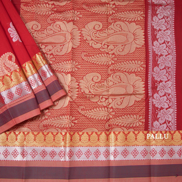 Silk Cotton Red Zari Worked Saree 03