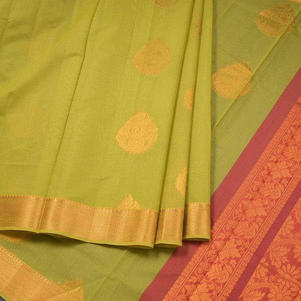 Silk Cotton Lime Green Zari Worked Saree
