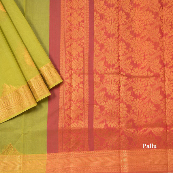 Silk Cotton Lime Green Zari Worked Saree