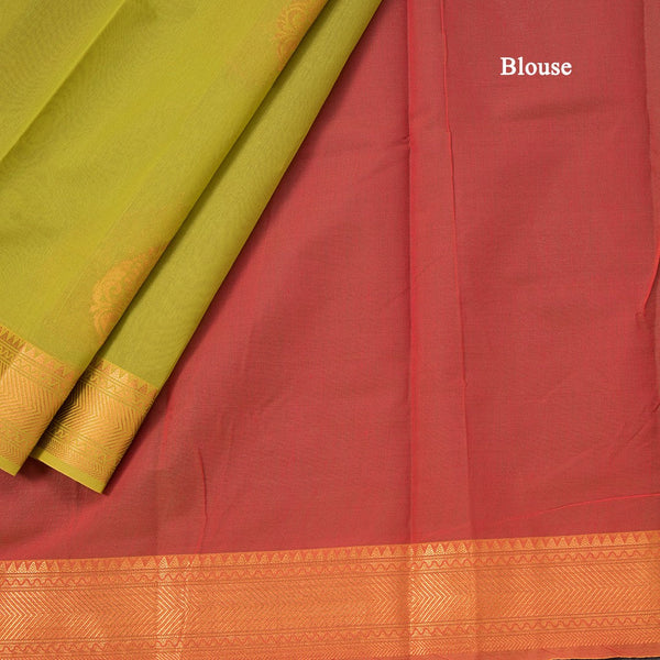 Silk Cotton Lime Green Zari Worked Saree