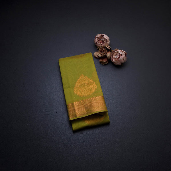 Silk Cotton Lime Green Zari Worked Saree