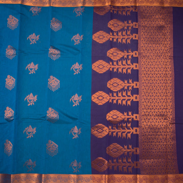 Silk Cotton Peacock Blue Zari Worked Saree 06