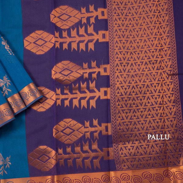 Silk Cotton Peacock Blue Zari Worked Saree 06