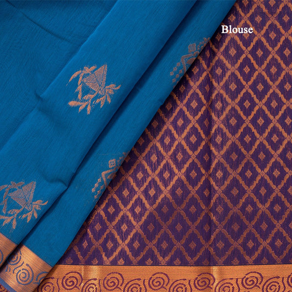 Silk Cotton Peacock Blue Zari Worked Saree 06