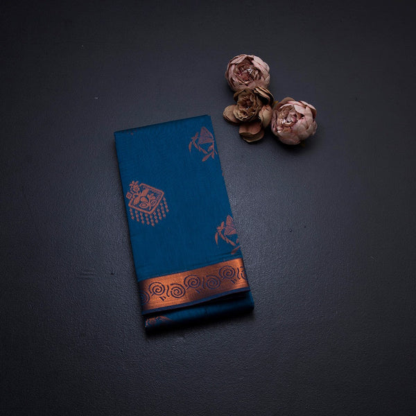 Silk Cotton Peacock Blue Zari Worked Saree 06