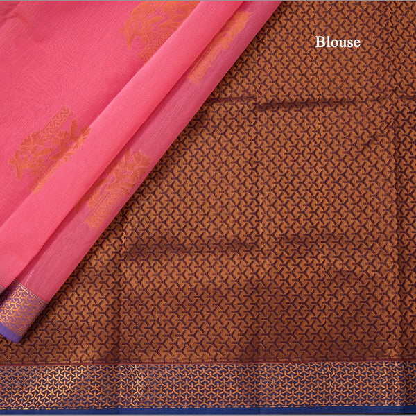 Silk Cotton Rose Pink Zari Worked Saree 05