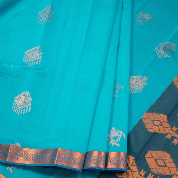 Silk Cotton Sky Blue Zari Worked Saree 04
