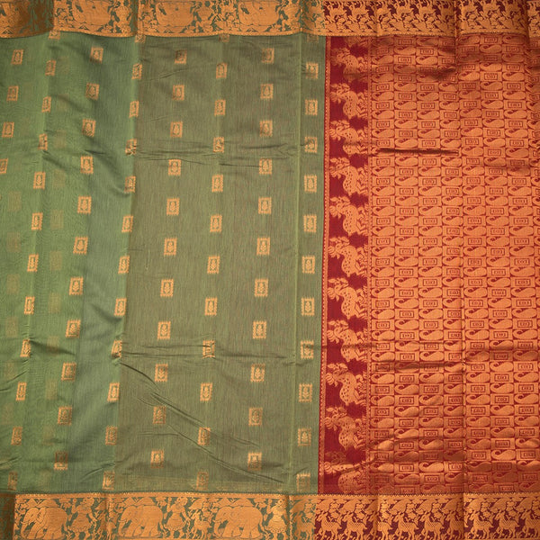 Silk Cotton Light Olive Green Zari Worked Saree