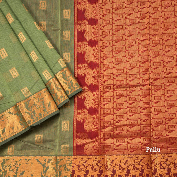 Silk Cotton Light Olive Green Zari Worked Saree