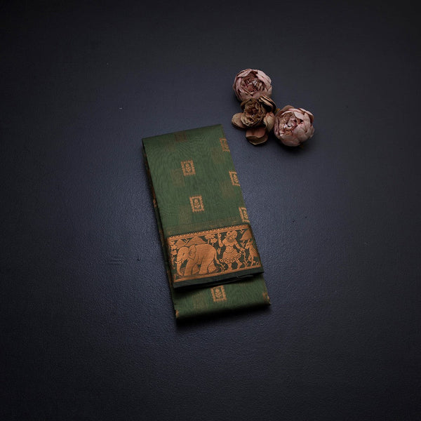 Silk Cotton Light Olive Green Zari Worked Saree