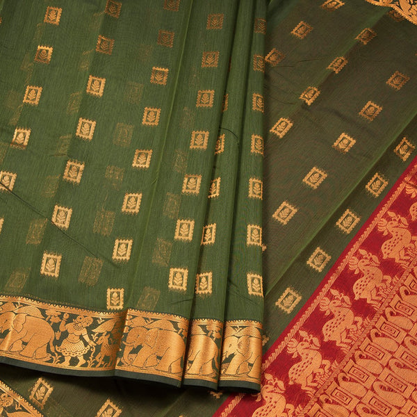 Silk Cotton Dark Olive Green Zari Worked Saree