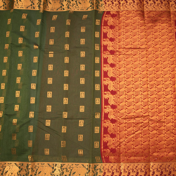 Silk Cotton Dark Olive Green Zari Worked Saree