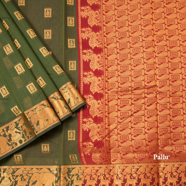 Silk Cotton Dark Olive Green Zari Worked Saree
