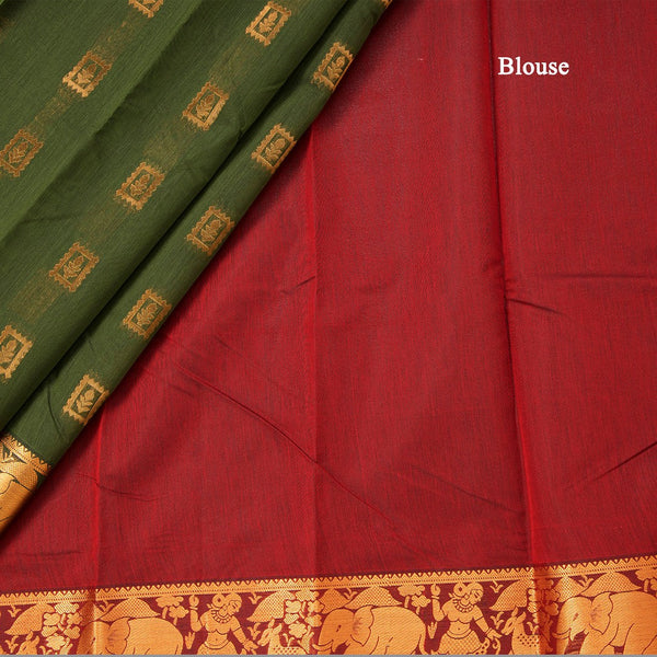 Silk Cotton Dark Olive Green Zari Worked Saree