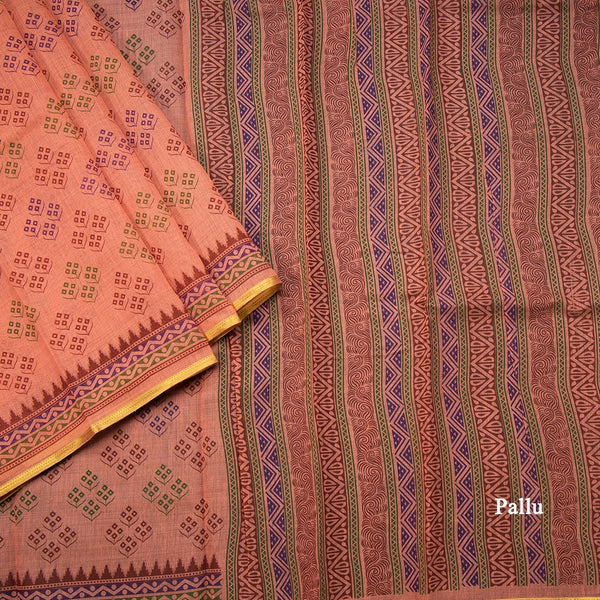 Chanderi Cotton Peach Printed Saree 03