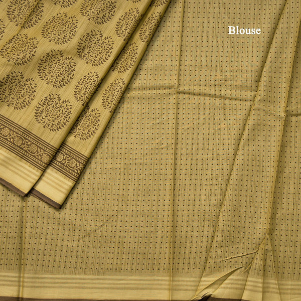 Chanderi Cotton Olive Green Printed Saree