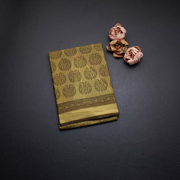 Chanderi Cotton Olive Green Printed Saree