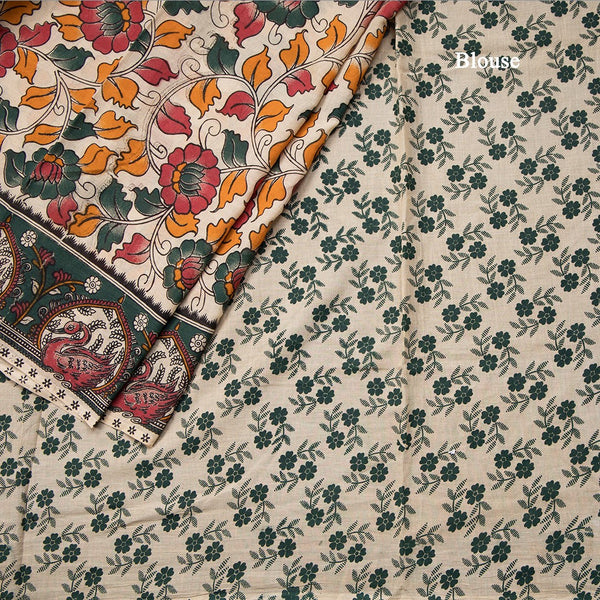 Kalamkari Cotton Cream Floral Printed Saree