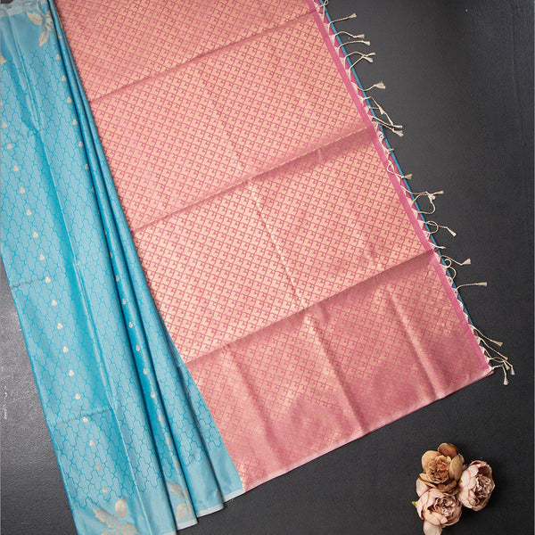 Semi Soft Silk Sky Blue Thread Work Saree With Zari Buttas 02