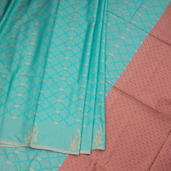 Semi Soft Silk Turquoise Thread Work Saree With Zari Buttas