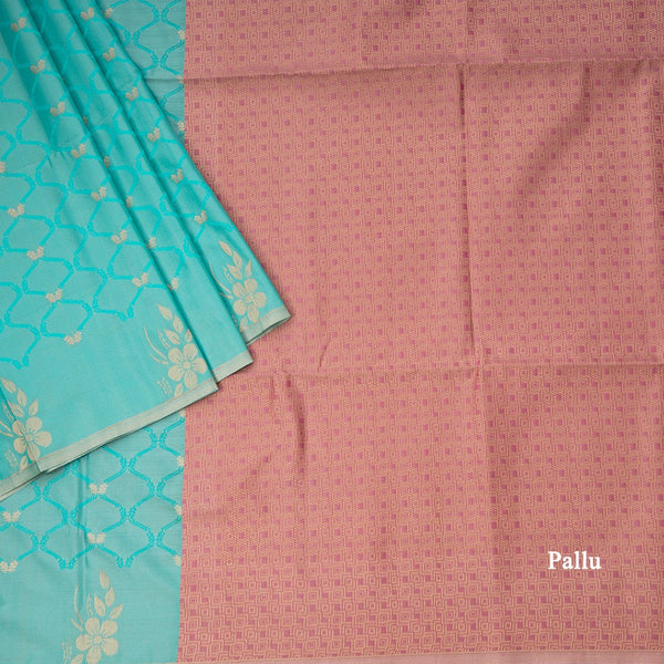 Semi Soft Silk Turquoise Thread Work Saree With Zari Buttas