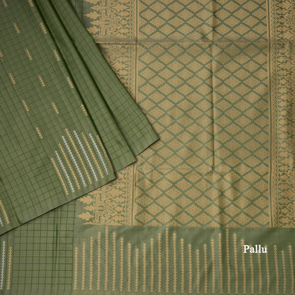 Semi Soft Silk Sage Green Thread Work Saree With Zari Buttas